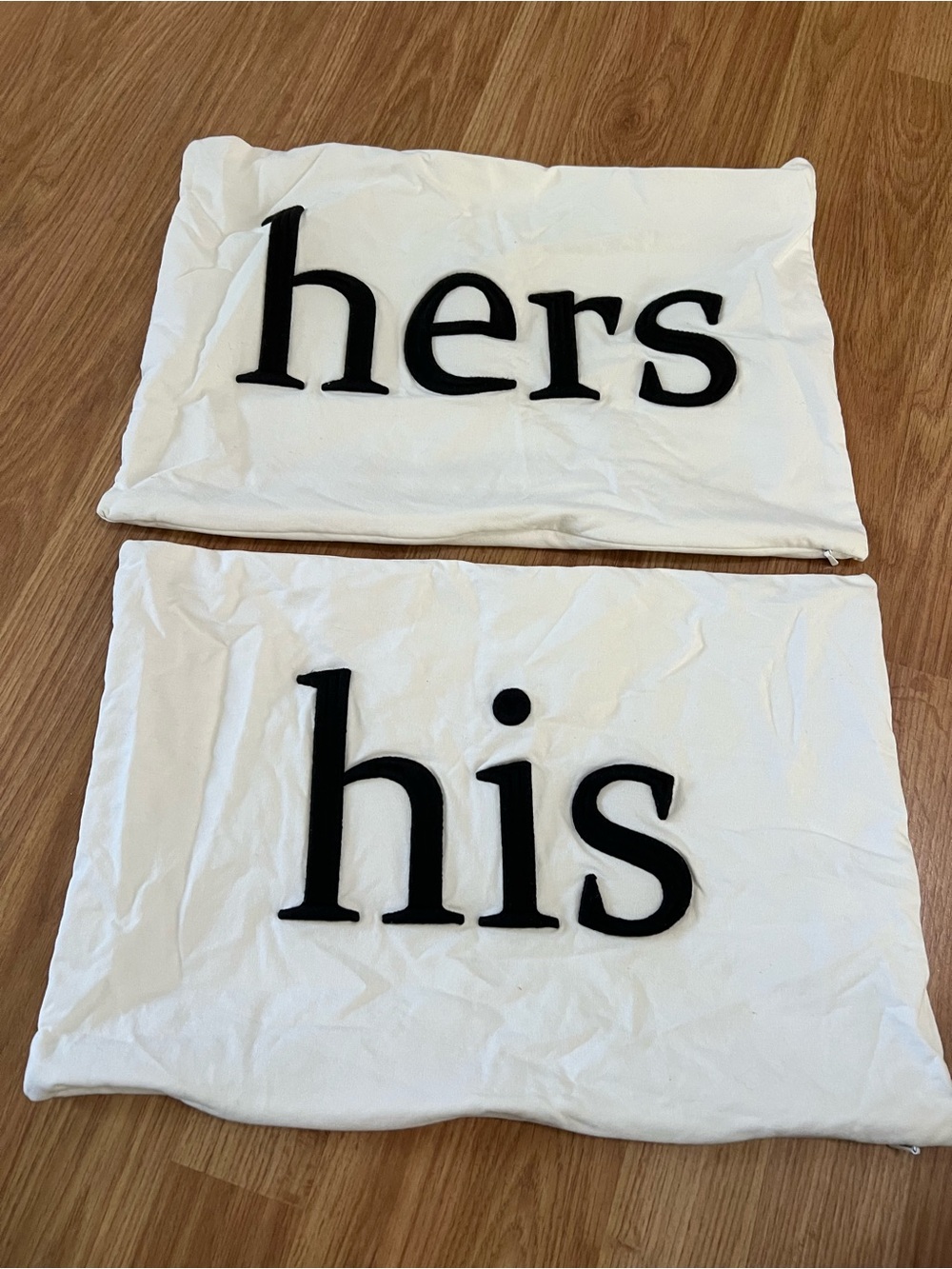 His and Hers White Decorative Pillow Covers with Black Text